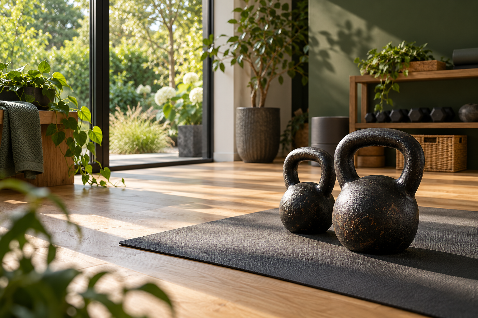 Twee kettlebells op een trainingsmat bij een raam met uitzicht op een groene tuin